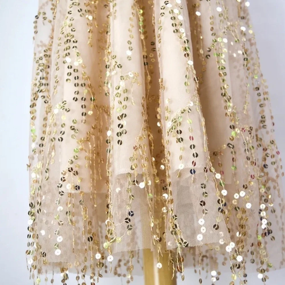 Women’s midi sequin evening gown dress size Medium cream gold sparkle